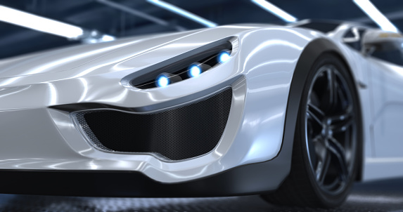Generic luxury white sports car 3d renders. Close-up camera shots with depth of field.