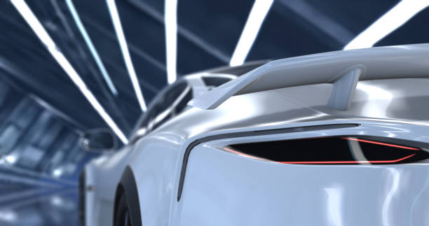 Generic luxury white sports car 3d renders. Close-up camera shots with depth of field.