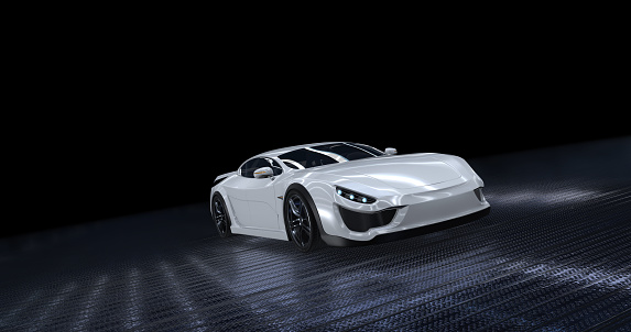 Generic White sports car moving on metal surface at night with headlights on
