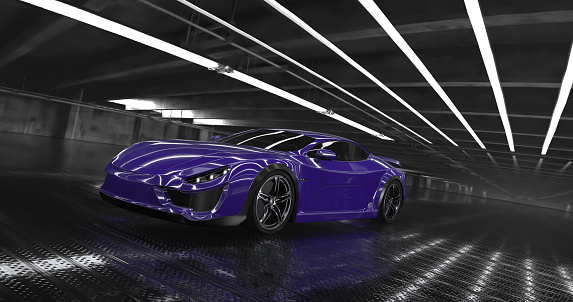 Generic Luxury purple concept sports car 3d render. Reflections all around.