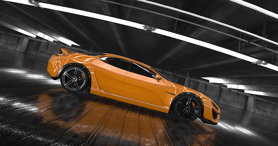 Generic Luxury orange concept sports car 3d render. Reflections all around.