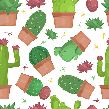 Cacti seamless pattern with green cactus vector illustration. Nature garden print fabric succulen background. Cute plant flower decorative botanical floral wallpaper.