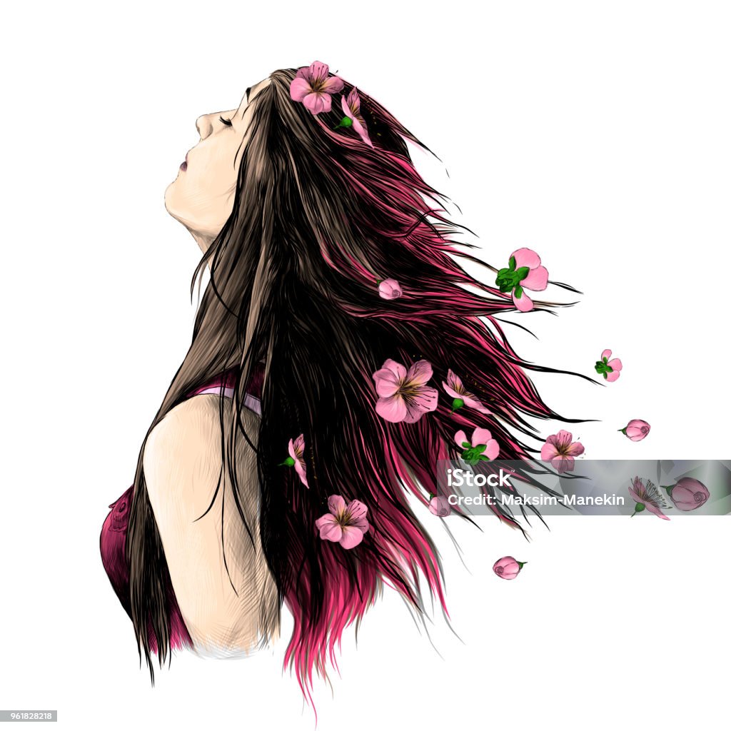 Portrait Of A Girl With Loose Hair Stock Illustration - Download Image Now  - Flower, Hair, Women - iStock