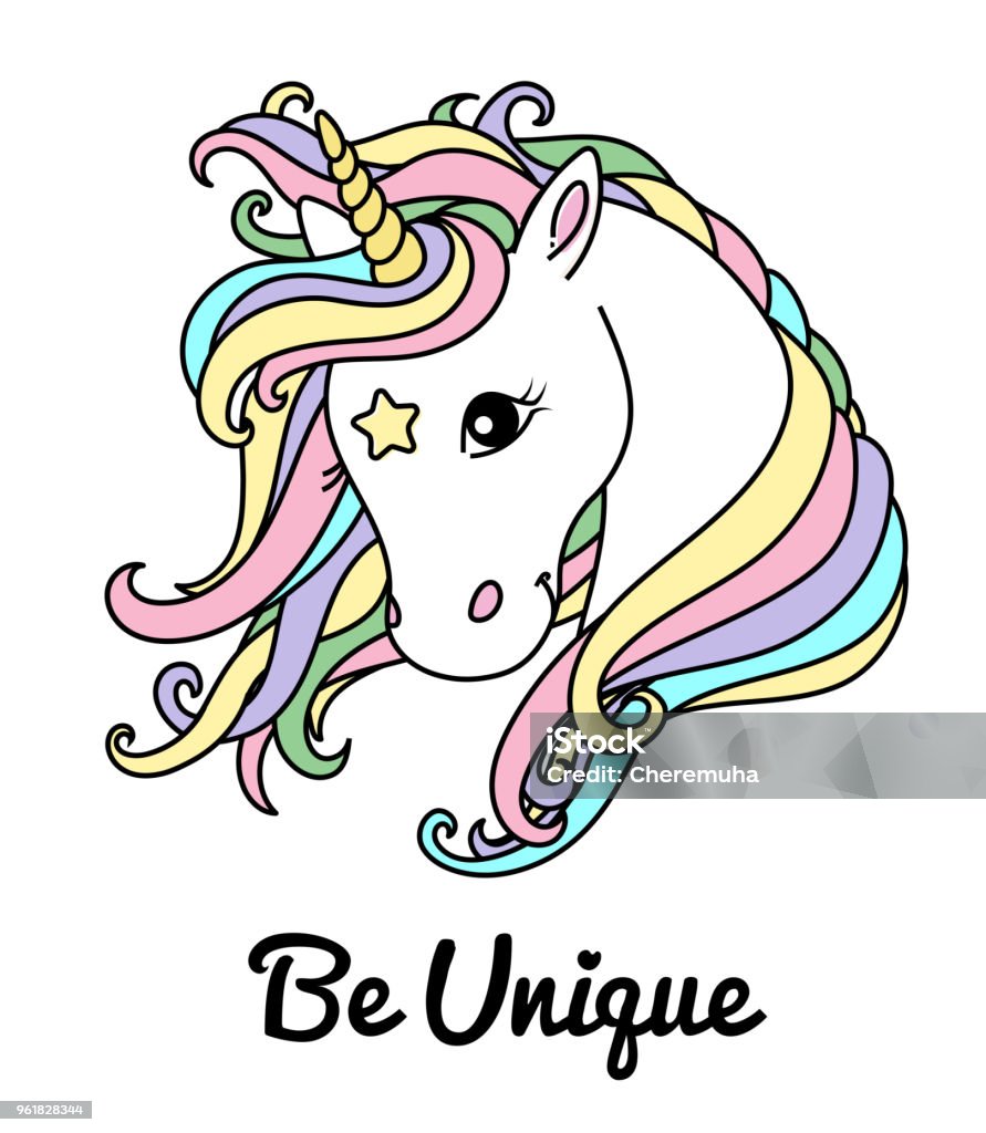 White unicorn vector head for shirt. Text: Be unique. Cute unicorn with big eyes. White cute unicorn vector head with mane and rainbow hair, inscription be unique. Illustration for t-shirt, notebook, cup, greeting card. Unicorn on starry background, card and shirt design. Unicorn stock vector