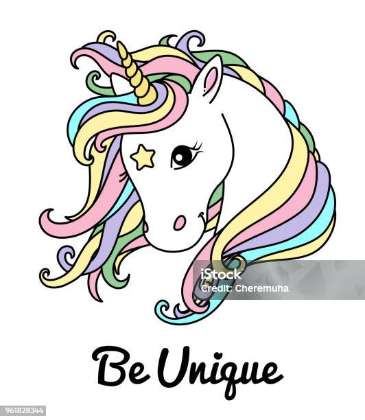 White Unicorn Vector Head For Shirt Text Be Unique Cute Unicorn With Big Eyes Stock Illustration - Download Image Now