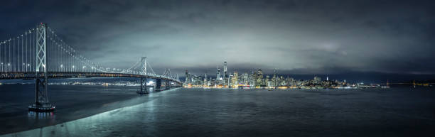 Night panorama of San Francisco skyline with Bay Bridge.