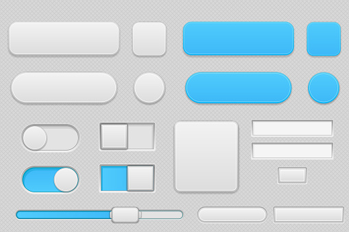 Light grey and blue interface buttons. Vector 3d illustration