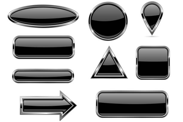 illustrations, cliparts, dessins animés et icônes de ensemble de boutons noirs. icônes de verre avec structure en métal - ellipse chrome banner sign
