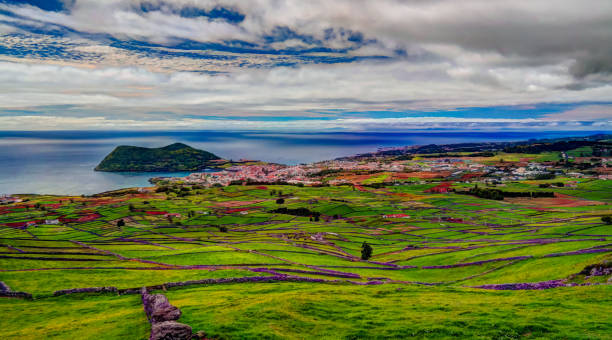 Landscape with Monte Brasil volcano and Angra do Heroismo, Terceira island, Azores, Poetugal stock photo