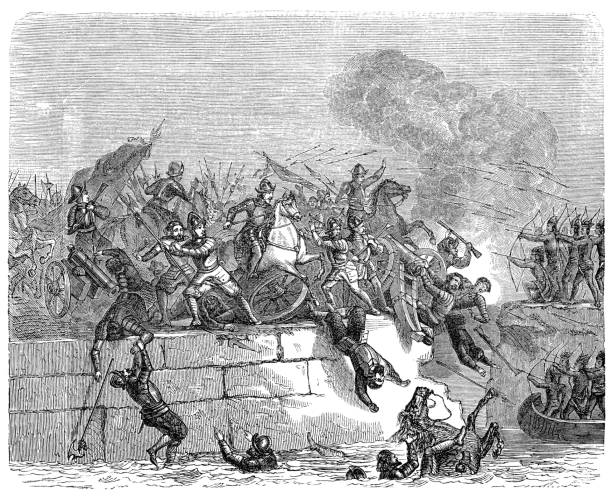 ilustraciones, imágenes clip art, dibujos animados e iconos de stock de conquistador hernán cortés salir de la ciudad de tenochtitlan después de la muerte de moctezuma ii - soldados mexicanos