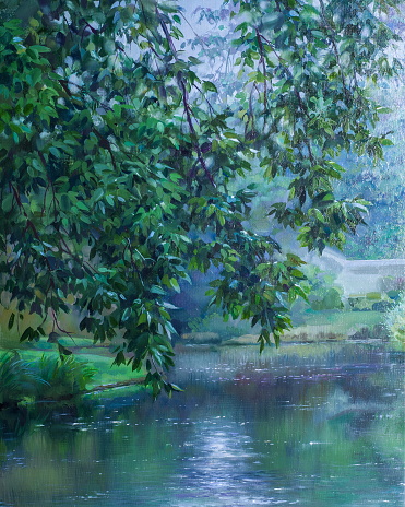 Texture, background. background. picture painted in oils. tree branches. rainy evening. summer. Water in the lake reflection