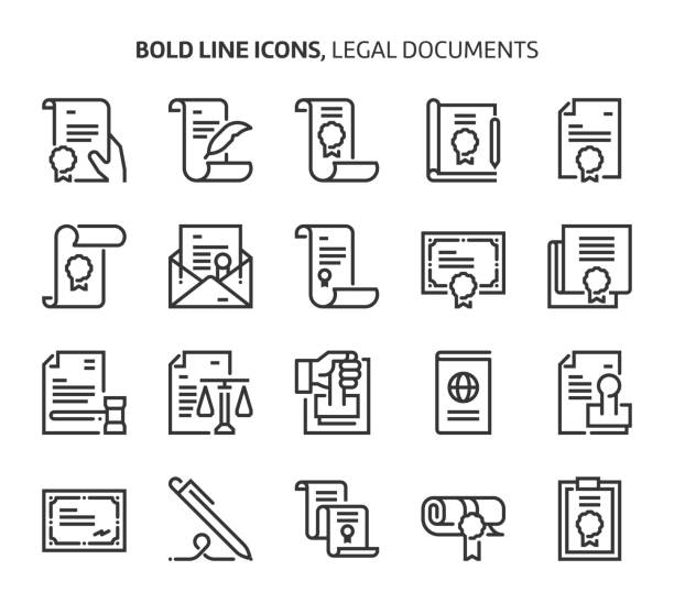juristische dokumente, fett gedruckte zeile symbole - juristisches dokument stock-grafiken, -clipart, -cartoons und -symbole