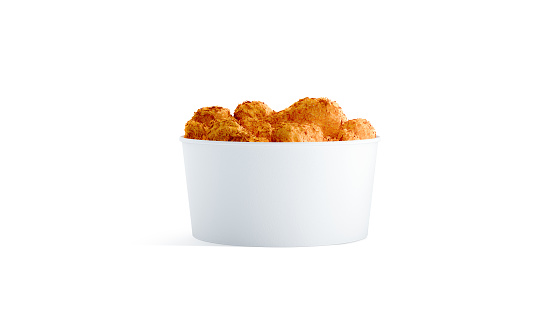 Blank white small food bucket with chicken wings mockup isolated, 3d rendering. Empty short pail fastfood front side view. Paper hen bucketful design mock up.