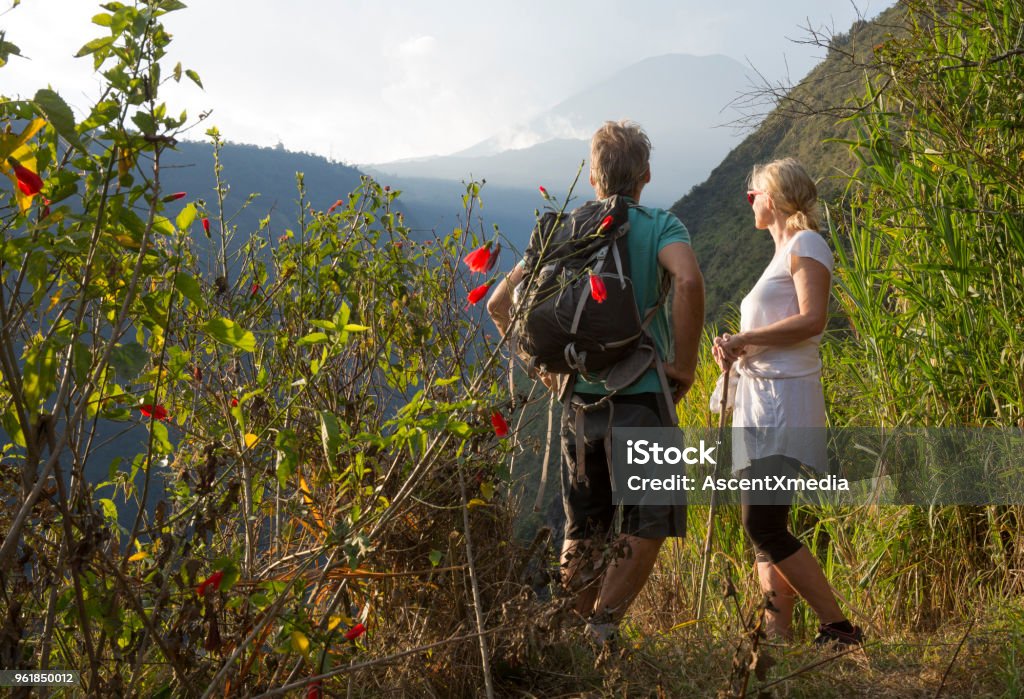Couple hiking below volcano in forest They look off to distant scene, Banos, Ecuador Ecuador Stock Photo