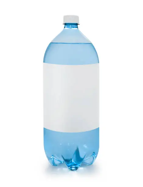 Blue bottle with blank white label isolated on white (excluding the shadow)