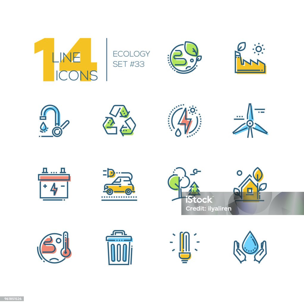 Ecología - conjunto de iconos de estilo de diseño de línea - arte vectorial de Ícono libre de derechos