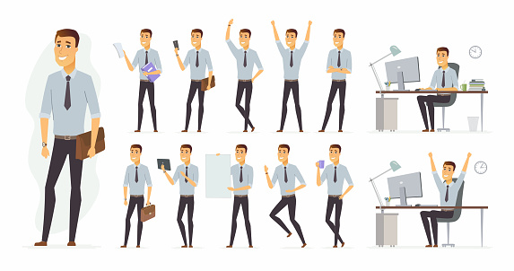 Cheerful businessman - vector cartoon people character set isolated on white background. Set of different poses, gestures for animation. Smiling handsome manager working in the office