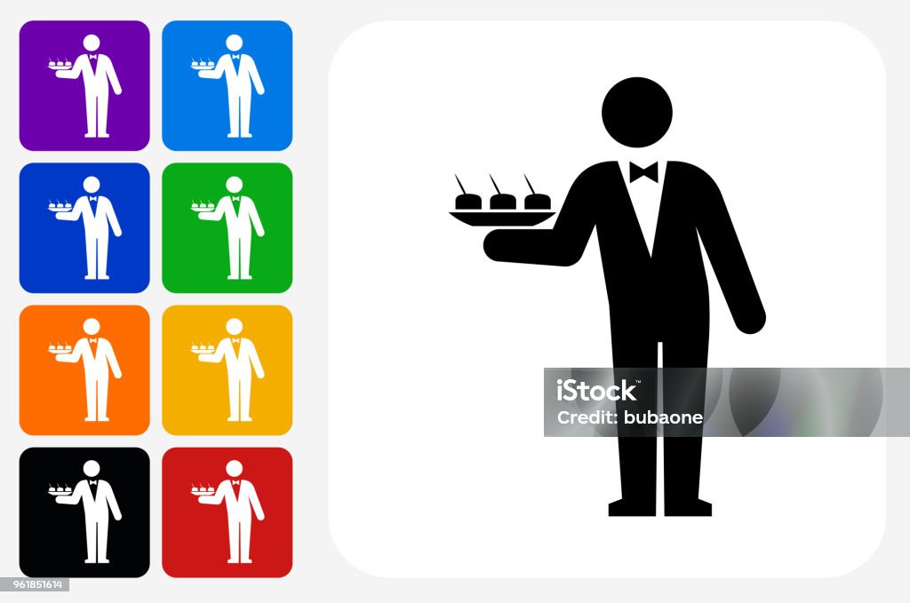 Waiter Icon Square Button Set Waiter Icon Square Button Set. The icon is in black on a white square with rounded corners. The are eight alternative button options on the left in purple, blue, navy, green, orange, yellow, black and red colors. The icon is in white against these vibrant backgrounds. The illustration is flat and will work well both online and in print. Movie stock vector
