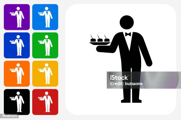 Waiter Icon Square Button Set Stock Illustration - Download Image Now - Movie, Waiter, Appetizer