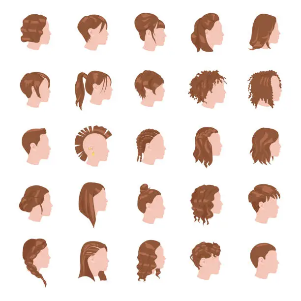 Vector illustration of Female hairstyles color vector icons