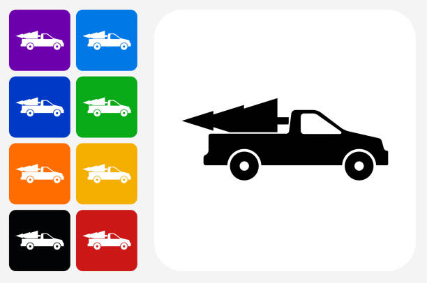 Christmas Tree Delivery Icon Square Button Set Christmas Tree Delivery Icon Square Button Set. The icon is in black on a white square with rounded corners. The are eight alternative button options on the left in purple, blue, navy, green, orange, yellow, black and red colors. The icon is in white against these vibrant backgrounds. The illustration is flat and will work well both online and in print. indigo truck stock illustrations
