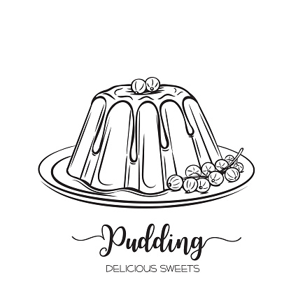 Vector hand drawn pudding icon badge dessert for design menu cafe, label and packaging. Retro style.