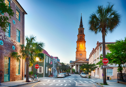Downtown Charleston, South Carolina in the early evening.