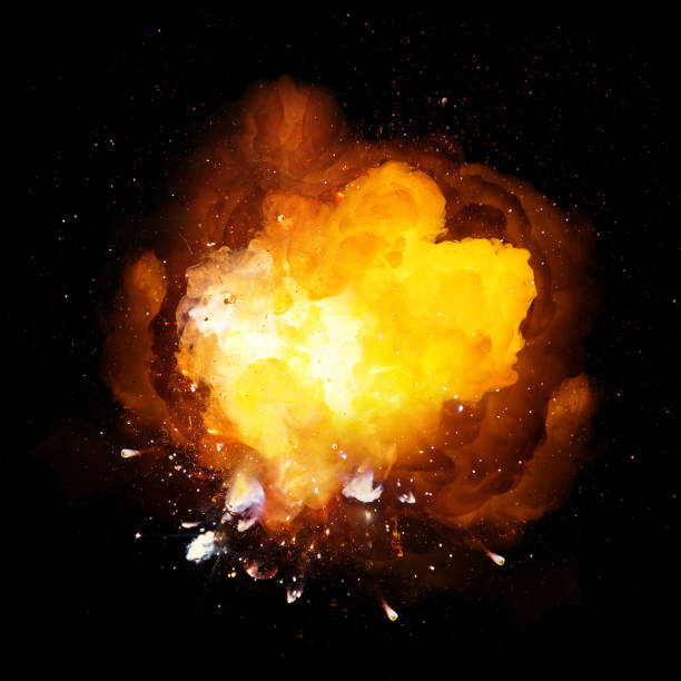 istock Realistic fiery bomb explosion with sparks and smoke isolated on black background 961861776