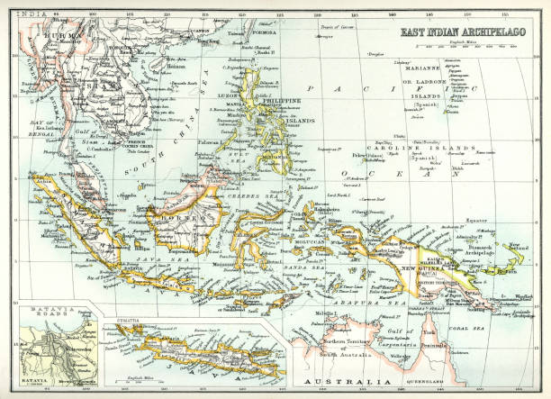 ilustrações, clipart, desenhos animados e ícones de antigo mapa do arquipélago indiano do leste - philippines map retro revival cartography