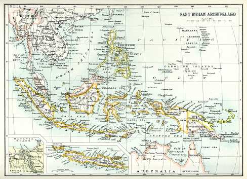 Antique map of East Indian Archipelago, including, the Phillippines, Papua New Guinea, Borneo and Java from 1891. With Detail of Batavia (Jakarta)