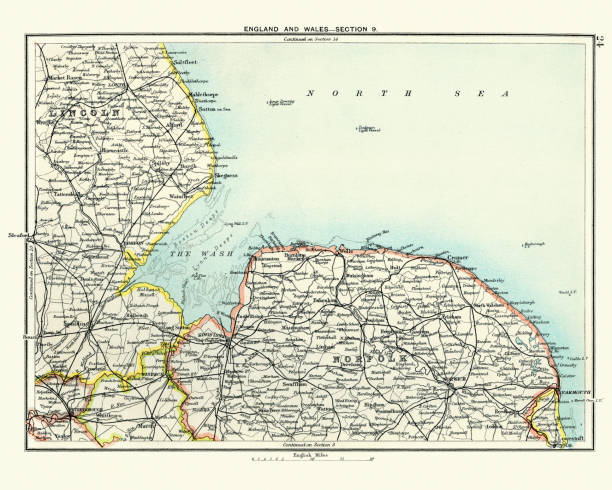Antique map, Lincoln and Norfolk, England 19th Century Vintage engraving of a Antique map, Lincoln and Norfolk, England 19th Century norfolk stock illustrations