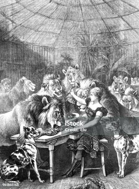 Female Artist In The Circus Feeds The Lions Stock Illustration - Download Image Now - Circus, Animal Themes, Antique