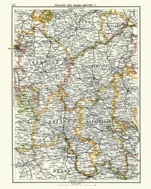 Antique map, Leicester, Warwick, Northampton, Oxford, Buckingham 19th Century Vintage engraving of a Antique map, Leicester, Warwick, Northampton, Oxford, Buckingham. England 19th Century warwick uk stock illustrations