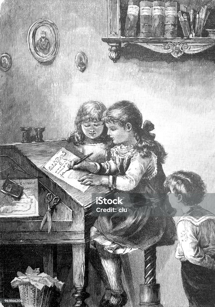 Girl writes a letter to Santa Claus Illustration from 19th century 1898 stock illustration