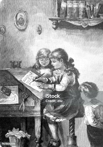 Girl Writes A Letter To Santa Claus Stock Illustration - Download Image Now - 1898, Christmas, 1890-1899