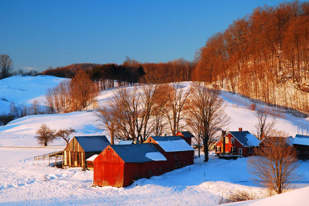 Vermont in Winter Woodstock, VT, USA December 17 2009 A group of red barns, just outside of Woodstock Vermont, stand out against the white snow encompassing the rural scene red barn house stock pictures, royalty-free photos & images