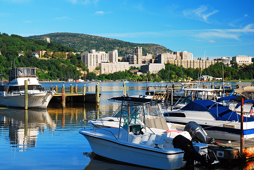 A marina on the east side of the Hudson River affords a splendid view of West Point Military Academy.