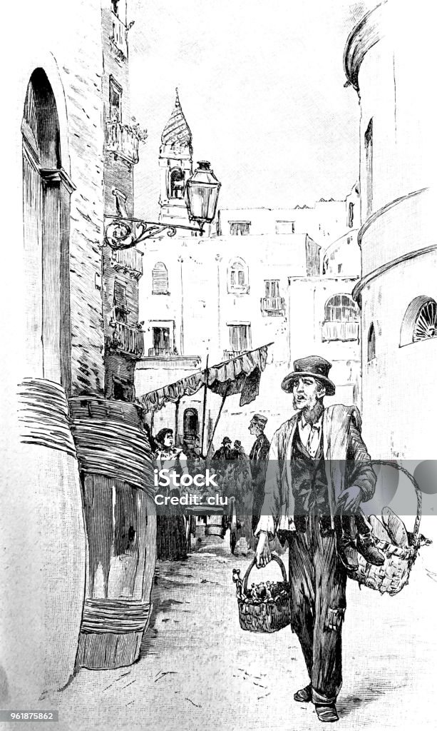Street scene in Naples, Italy - Man selling used clothing Illustration from 19th century 1890-1899 stock illustration