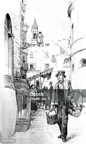 Street Scene In Naples Italy Man Selling Used Clothing Stock Illustration - Download Image Now