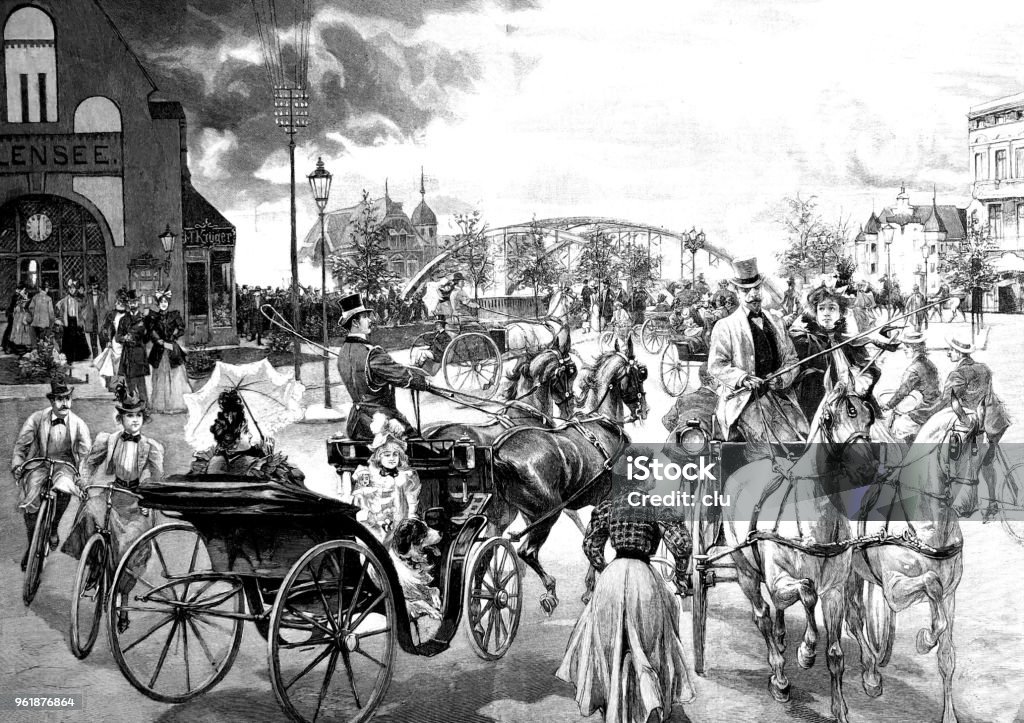 Sunday afternoon in front of a train station in Berlin Illustration from 19th century 1890-1899 stock illustration