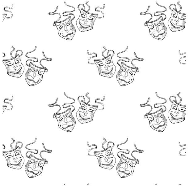 Seamless pattern drama mask sketch, funny and sad faces. Hand drawn monochrome graphic design element vector illustration Seamless pattern drama mask sketch, funny and sad faces. Hand drawn monochrome graphic design element vector illustration for web, for print background of the sad face black and white stock illustrations