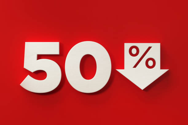 fifty percent off discount symbol on red background - 50 percent imagens e fotografias de stock