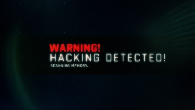 Warning, hacking detected text on screen, system message, notification