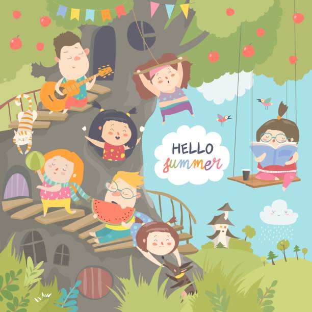 Children playing and having fun in the treehouse Children playing and having fun in the treehouse, kids playground with swing and ladder colorful detailed. Vector Illustration girl climbing ladder stock illustrations