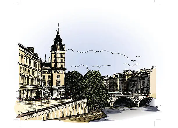 Vector illustration of panoramic view of  river SEINE Pont Neuf  bridge