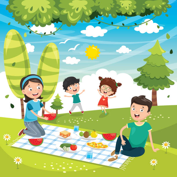 vektor-illustration von familien-picknick - vector nature cheerful son stock-grafiken, -clipart, -cartoons und -symbole
