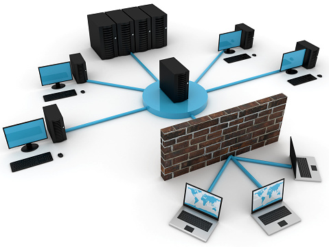 Three-dimensional representation of the layout of a computer network.  There are three laptop computers, a firewall, four desktop computers, a server and a mainframe.  Each computer and the mainframe are connected to the server with blue lines.