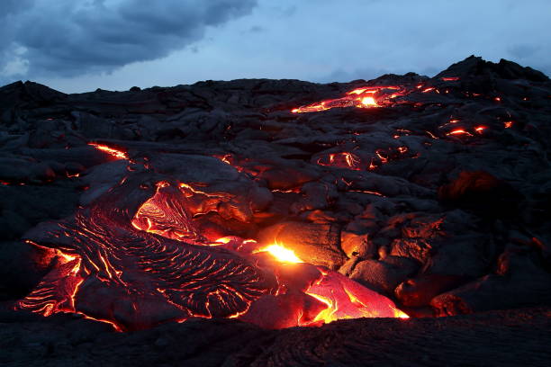 Glowing orange lava flow on Big Island, Hawaii