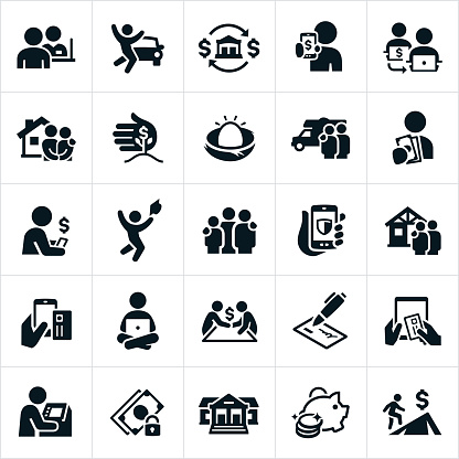 A set of banking icons. The icons include bankers, bank teller, money lending and loans for a car, house, RV and education. They also include money transfer concepts, investments, savings, borrowing, online banking, checking, ATM machine and setting financial goals to name a few.