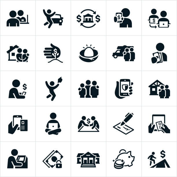 Banking and Finance Icons A set of banking icons. The icons include bankers, bank teller, money lending and loans for a car, house, RV and education. They also include money transfer concepts, investments, savings, borrowing, online banking, checking, ATM machine and setting financial goals to name a few. banking symbols stock illustrations